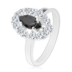 Lśniący pierścionek w srebrnym odcieniu, czarne ziarenko w cyrkoniowej oprawie - Rozmiar : 55
