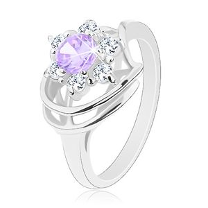 Lśniący pierścionek w srebrnym odcieniu, fioletowo-przezroczysty cyrkoniowy kwiat, łuki - Rozmiar : 49