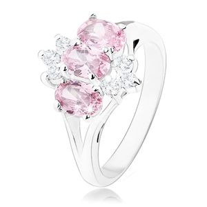 Lśniący pierścionek w srebrnym odcieniu, różowe cyrkoniowe owale, przezroczyste cyrkonie - Rozmiar : 57