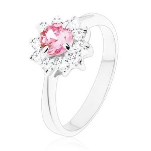 Lśniący pierścionek z cyrkoniowym kwiatkiem różowego i bezbarwnego koloru, zwężone ramiona - Rozmiar : 62