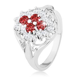Lśniący pierścionek z rozdzielonymi ramionami, czerwono-przezroczysty cyrkoniowy kwiat - Rozmiar : 49