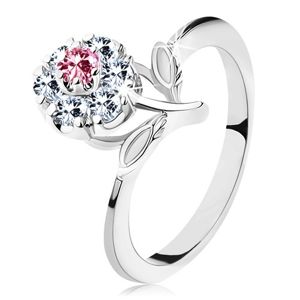 Lśniący pierścionek z różowo-przezroczystym cyrkoniowym kwiatkiem, łodyga z listkami - Rozmiar : 57