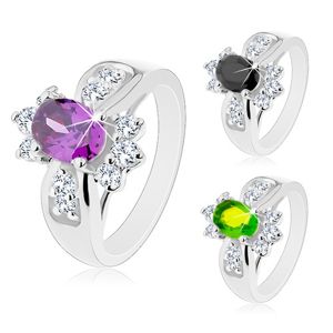 Lśniący pierścionek z rozszerzonymi ramionami, barwna owalna cyrkonia, okrągłe bezbarwne cyrkonie - Rozmiar : 52, Kolor: Zielony