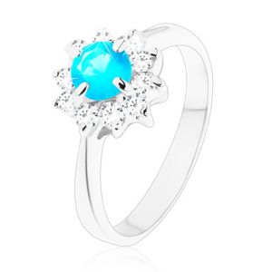 Lśniący pierścionek z wąskimi gładkimi ramionami, cyrkoniowy kwiat niebieskiego i bezbarwnego koloru - Rozmiar : 49