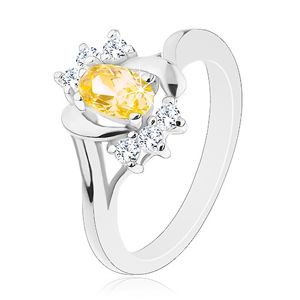 Lśniący pierścionek z żółtą owalną cyrkonią, srebrny kolor, przezroczyste cyrkonie - Rozmiar : 52