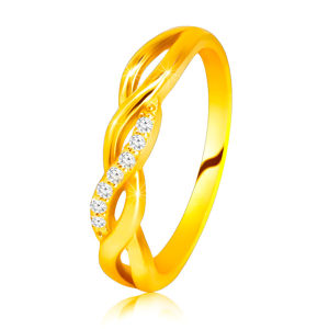 Lśniący pierścionek z żółtego 14K złota - przeplatające się fale, brylantowa linia - Rozmiar : 58