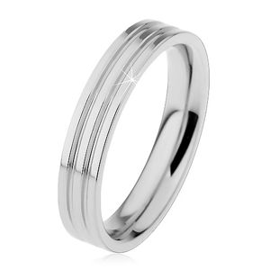 Lśniący pierścionek ze stali 316L srebrnego koloru, dwa podłużne nacięcia, 4 mm - Rozmiar : 49