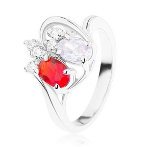 Lśniący pierścionek ze stali, czerwony i fioletowy cyrkoniowy owal, przezroczyste cyrkonie - Rozmiar : 52