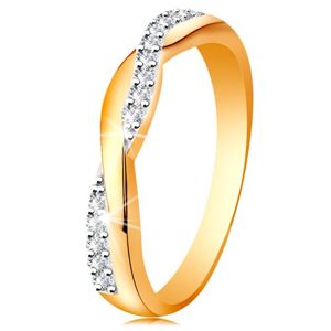 Lśniący pierścionek ze złota 585 - dwie przeplecione fale - gładka i cyrkoniowa - Rozmiar : 60