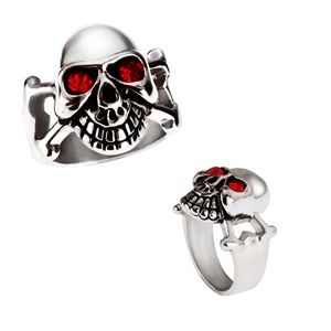 Lśniący stalow pierścień - srebrna czaszka z czerwonymi oczami - Rozmiar : 70