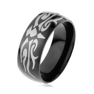Lśniący stalowy pierścionek czarnego koloru, szary motyw tribala, gładka powierzchnia - Rozmiar : 57