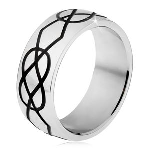 Lśniący stalowy pierścionek, grube czarne nacięcia w kształcie rombów i łezek - Rozmiar : 67