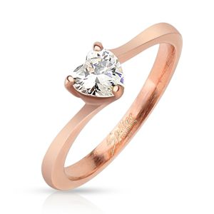 Lśniący stalowy pierścionek miedzianego koloru, przejrzyste cyrkoniowe serduszko - Rozmiar : 55