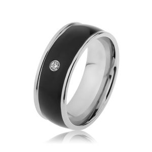 Lśniący stalowy pierścionek srebrnego koloru, czarny wypukły pas z przezroczystą cyrkonią - Rozmiar : 67