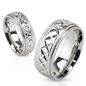 Lśniący stalowy pierścionek srebrnego koloru, karby i geometryczne nacięcia, 8 mm - Rozmiar : 65