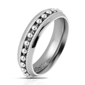 Lśniący stalowy pierścionek srebrnego koloru, łańcuszek z kuleczek, karbowane linie, 6 mm - Rozmiar : 70