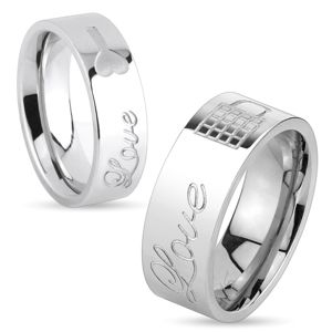 Lśniący stalowy pierścionek srebrnego koloru, napis Love i zamknięta kłódka, 8 mm - Rozmiar : 67