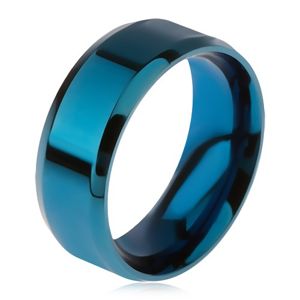 Lśniący stalowy pierścionek w niebieskim kolorze, ścięte krawędzie - Rozmiar : 64