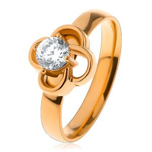 Lśniący stalowy pierścionek w złotym odcieniu, zarys kwiatka z bezbarwną cyrkonią - Rozmiar : 51