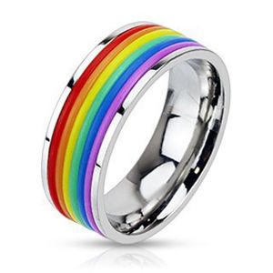 Lśniący stalowy pierścionek z gumowymi paskami w kolorach tęczy - Rozmiar : 55