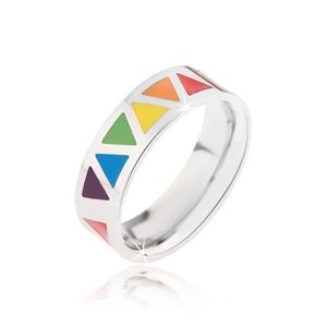 Lśniący stalowy pierścionek z kolorowoymi trójkątami - Rozmiar : 57