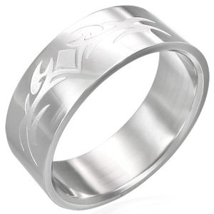 Lśniący stalowy pierścionek z matowym symbolem - Rozmiar : 54