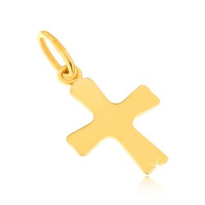 Lśniący wisiorek z żółtego złota 14K - płaski mały krzyż, lekko rozszerzające się ramiona