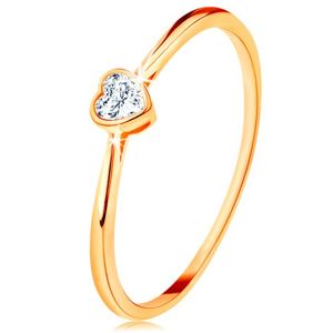 Lśniący złoty pierścionek 585 - przezroczyste cyrkoniowe serduszko z lśniącą obwódką - Rozmiar : 60
