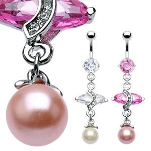 Luksusowy kolczyk do brzucha z dużą owalną cyrkonią i perłą - Kolor cyrkoni: Różowy - P