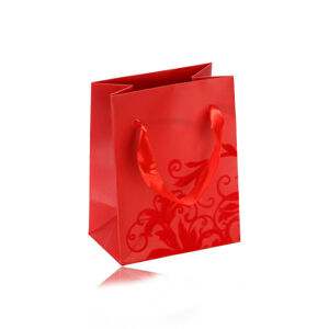 Mała papierowa torebeczka na prezenty, matowa powierzchnia w czerwonym odcieniu, aksamitna ozdoba