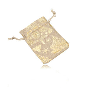 Mała płócienna torebka na prezent, połyskujący złoty motyw świąteczny, sznurek do wiązania