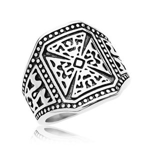 Masywny pierścionek srebrnego koloru, stal 316L, krzyż maltański, zdobione ramiona - Rozmiar : 60