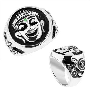 Masywny pierścionek, stal 316L, srebrny kolor, czarna emalia, uśmiechnięty Budda - Rozmiar : 70