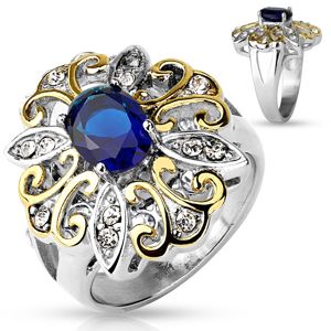Masywny pierścionek ze stali 316L, duży dwukolorowy kwiat, ciemnoniebieska owalna cyrkonia - Rozmiar : 55