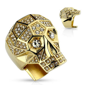 Masywny pierścionek ze stali 316L, złoty kolor, czaszka, przezroczyste kryształy - Rozmiar : 70