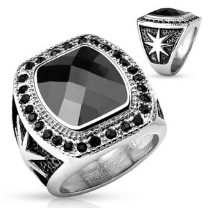 Masywny stalowy pierścionek srebrnego koloru, duży czarny kamień i okrągłe cyrkonie - Rozmiar : 59