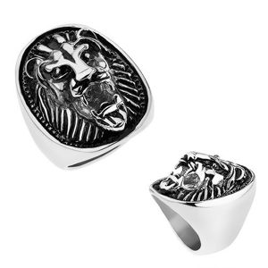 Masywny stalowy pierścionek srebrnego koloru, wypukła głowa lwa z patyną - Rozmiar : 65