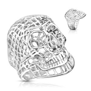 Masywny stalowy pierścionek w srebrnym kolorze, siatkowana czaszka - Rozmiar : 64