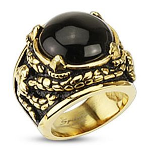 Masywny złoty pierścionek ze stali chirurgicznej, onyks w smoczych szponach - Rozmiar : 58