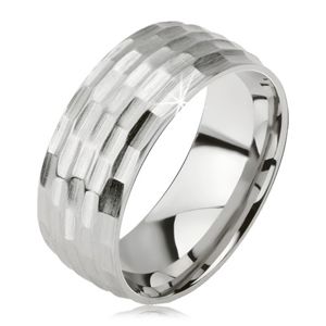 Matowy pierścionek ze stali chirurgicznej - srebrny wzór drobnych owalów - Rozmiar : 60