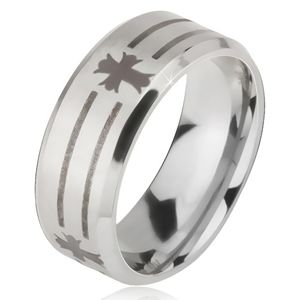 Matowy stalowy pierścionek - srebrna obrączka, nadruk pasów i liliowego krzyża - Rozmiar : 55