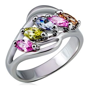 Metalowy pierścionek, rozgałęzione ramiona z kolorowymi cyrkoniami w rzędzie - Rozmiar : 52