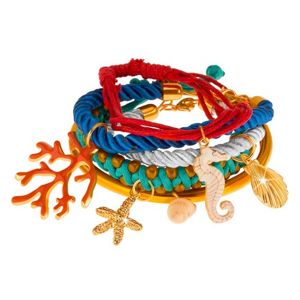 Multibransoletka, kolorowe sznurki i obręcz, zawieszki - koral, muszle, morski konik