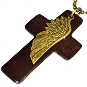 Naszyjnik - brązowy skórzany krzyż, skrzydło, łańcuszek wojskowy