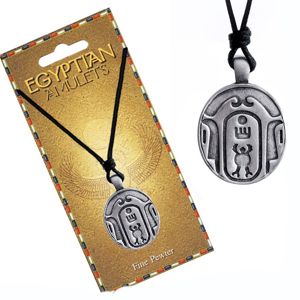 Naszyjnik - czarny sznurek, metalowa zawieszka, owalny egipski amulet