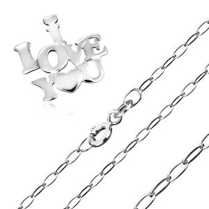 Naszyjnik - miłosny napis z serduszkiem, łańcuszek z owalnych ogniw, srebro 925