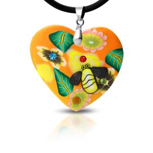Naszyjnik Fimo - pomarańczowe serce z kwiatami i pszczółka