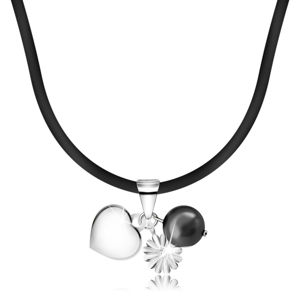 Naszyjnik - gumowy pasek na szyję z zawieszkami ze srebra 925, serduszko, perła, kwiatek 