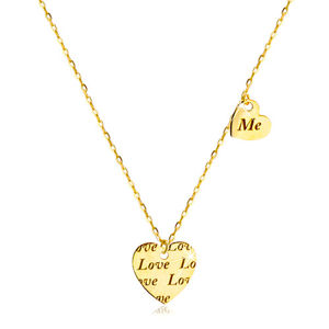 Naszyjnik wykonany ze złota 585 - dwa symetryczne serca z napisem „Love” i „Me”