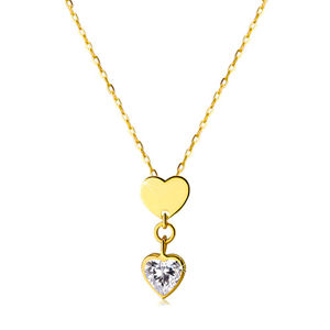 Naszyjnik z żółtego 14K złota - lśniące symetryczne serce i przezroczyste cyrkoniowe serce